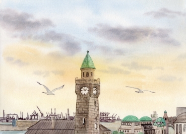 Poster DIN-A3 Aquarell Maritim Kunst Druck Kunstdruck Landungsbrücken Hamburg - HH6